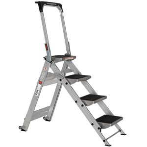 Euroline Klapptritt Nr. 334, 3340004, aus Aluminium, fahrbar, einseitig begehbare Klapptreppe, mit 4 Stufen & Bügel