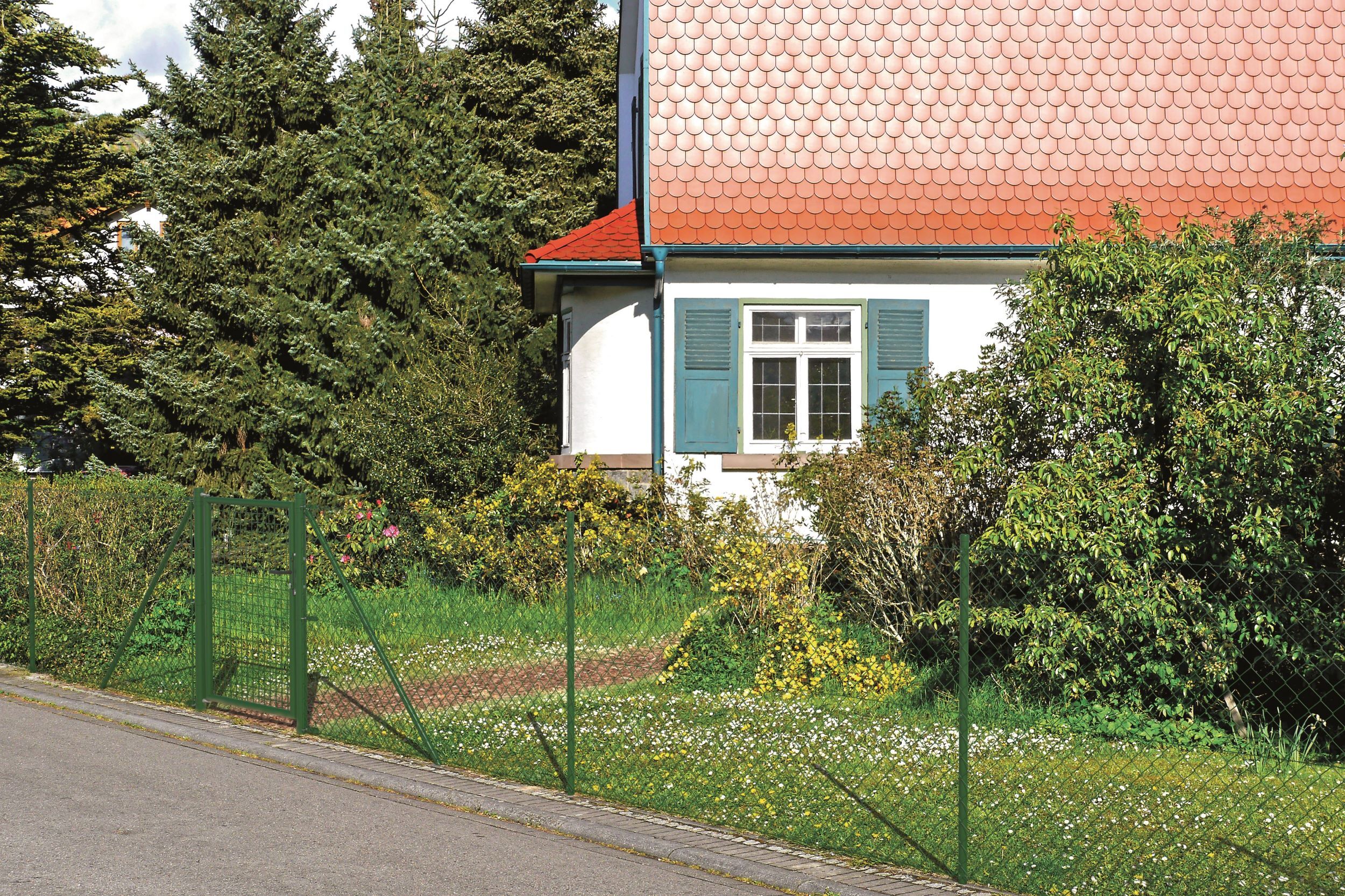 Maschendrahtzaun ALBERTS, grün (grün, zum einbetonieren), H:200cm, Stahl, Zaunelemente, Maschendrahtzaun, verschiedene Abmessungen, mit oder ohne Bodenhülse