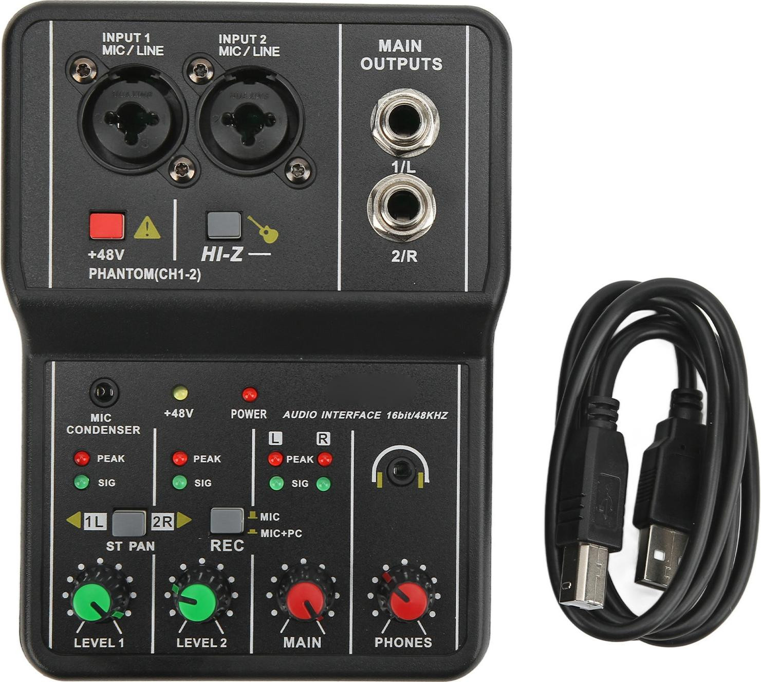 Gistuch 2-kanaals USB audiomixer met 48V fantoomvoeding voor muziekopnames en karaoke
