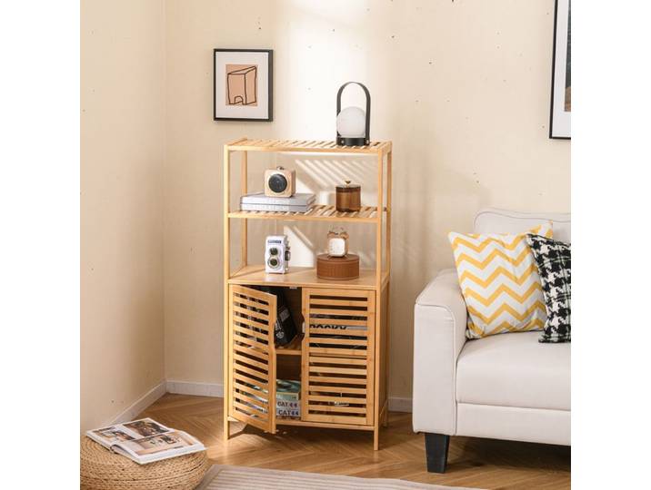 GOPLUS Meuble Étagère Debout en Bambou 60×33×115CM avec 2 Étagères Ouvertes & Armoire Étagère avec 2 Portes&Lattes Naturel