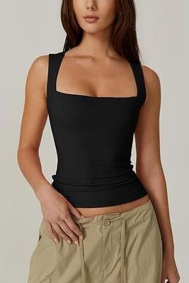 Daily Deals Depot Women Square Neck Double Layer Y2K Crop Tank Top Sleeveless Fitted Summer Top black s