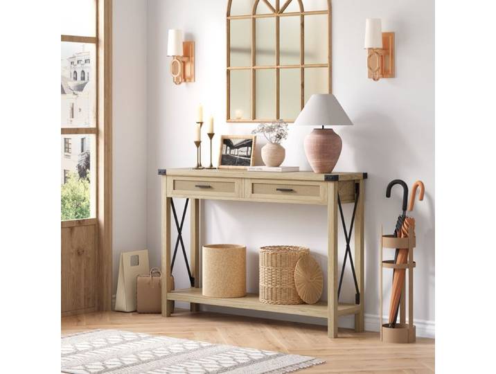 Table de console - Console Meuble avec 2 Tiroir - TOYS S-110X 30x78CM Table Bois en Rotin avec Unique en Forme de X