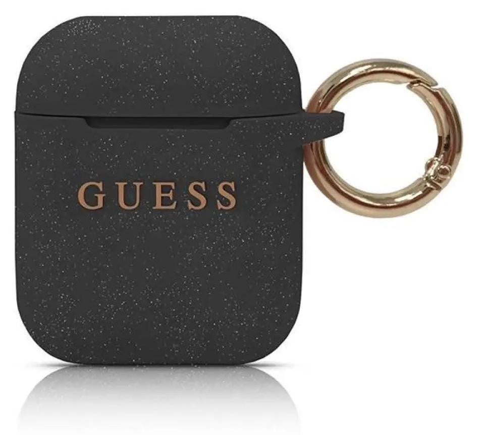 Guess Guaccsilglbk AirPods hoesje, zwart, glinsterend siliconen