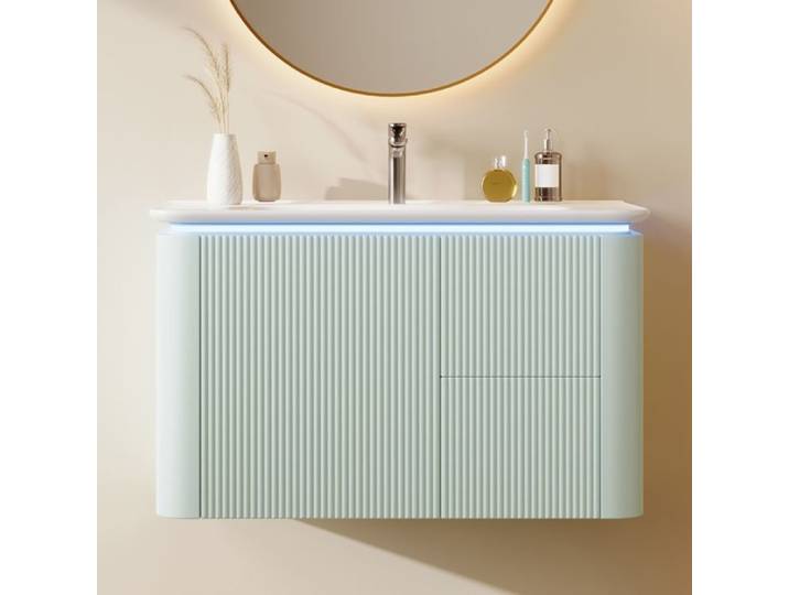 Meuble de Salle de Bain Suspendu avec Lavabo Lumière de Capteur de Mouvement Radar à LED 3 Tiroirs Meuble sous Vasque Modernes Vert