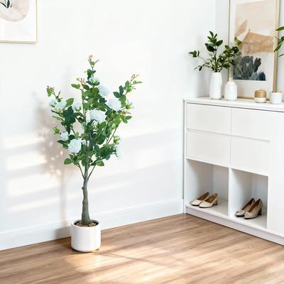 YUN 120cm Artificial Rose Tree with White Pot, Lifelike Faux Flower Plant for Indoor Outdoor Decor