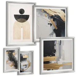 BILDER SET 5er Set - 50x50 cm & 20x30 cm & 40x60 cm Silberner Rahmen - Abstrakte Geometrie-Komposition