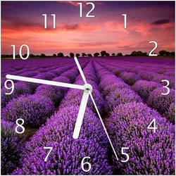 Wallario Uhr 30 x 30 cm, weiße Zeiger Lavendelfeld unter rotem Himmel