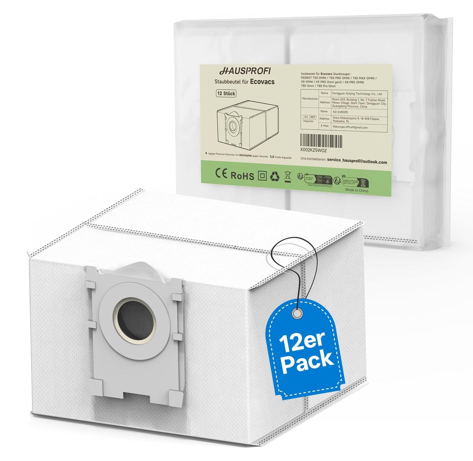 Ecovacs Actieve koolstofstofzakken voor robotstofzuigers, 12 stuks, compatibel met X8/X9 PRO OMNI, T50/T80/T30 OMNI/PRO OMNI (Generatie 2/Generatie 3), MAX OMNI en MAX PRO OMNI