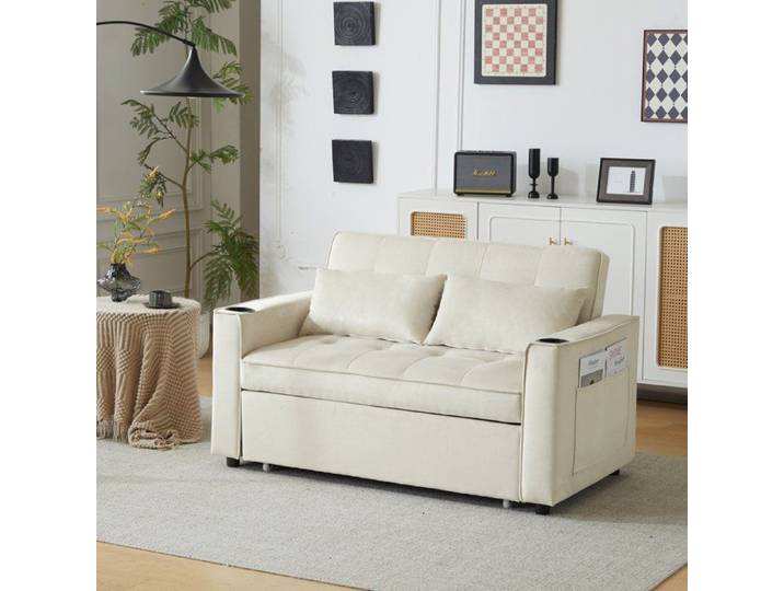 Canapé 2 places en velours multifonction pliable convertible en canapé-lit pour salon chambre Cinéma maison - Beige