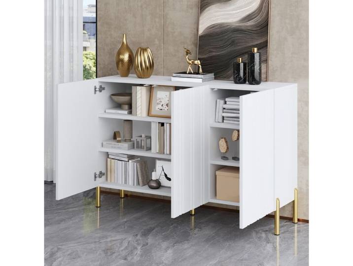 MEUBLIV Meuble à chaussures sideboard 3 portes rainures verticales Blanc pieds métalliques dorés
