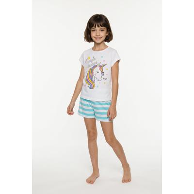 Shorty BONPRIX, Mädchen, Gr. 92/98, bunt (aqua, weiß), Obermaterial: 100% Baumwolle, Homewear-Sets Shorty, vierteiliger Shorty-Pyjama, zwei T-Shirts mit Druck, aus Baumwolle