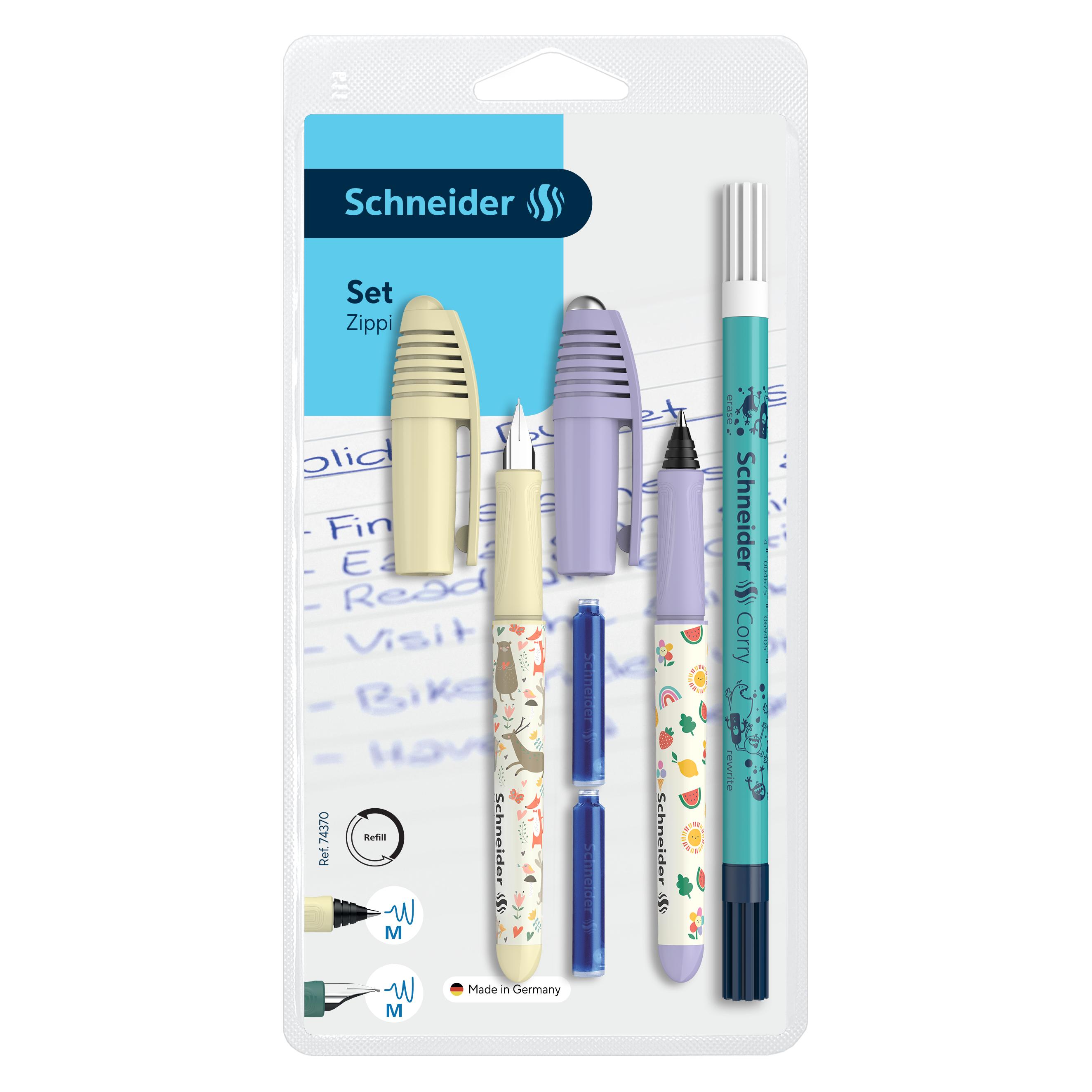 Schneider Rinkinys Zippi Füllfederhalter und Tintenroller, Radiergummi, 2 Patronen, Blister (3x) (SR74370)