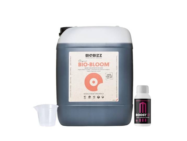 GROWMANIA Bio Bloom von BioBizz 10L + Probe Boost Up von Up Nutrients + Messbecher Biobloom Lösung für massive Blüte Für Landwirte und große Produzenten