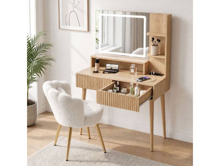 Coiffeuse Maquillage Miroir LED 60cm 3 Lumières Charge USB Bois Massif Naturel pour Chambre