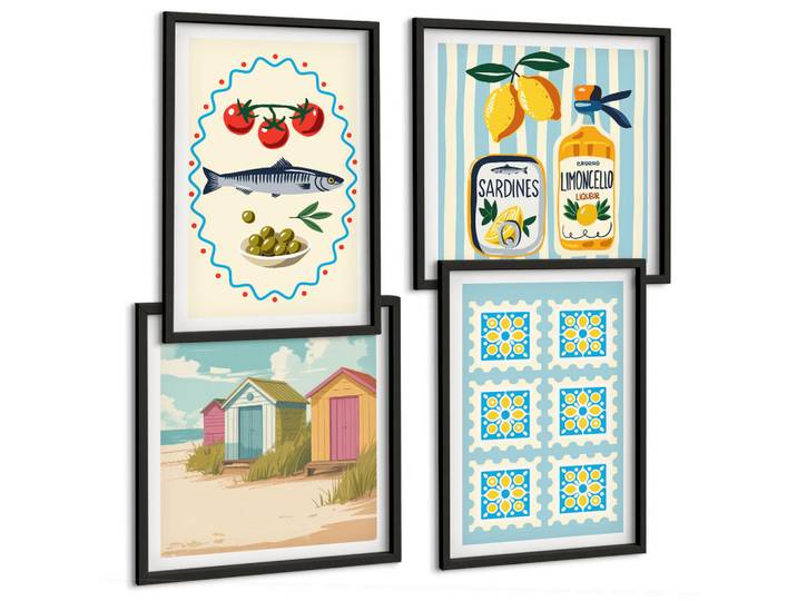 Tulup Bilder SET 4er Set - 50x50 cm & 40x60 cm Schwarzer Rahmen - Illustrationen der mediterranen Küche, Kunststoff, Rechteckig, 50x50 cm, Fotografie, Bilder & Rahmen, Bilder