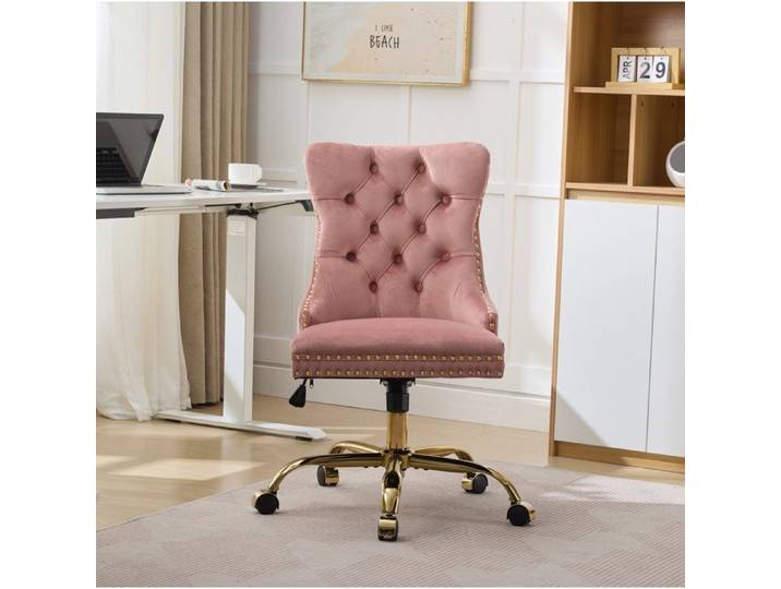 COVREO Chaise de bureau en velours rose réglable en hauteur pivotante capitonnée avec base métallique dorée