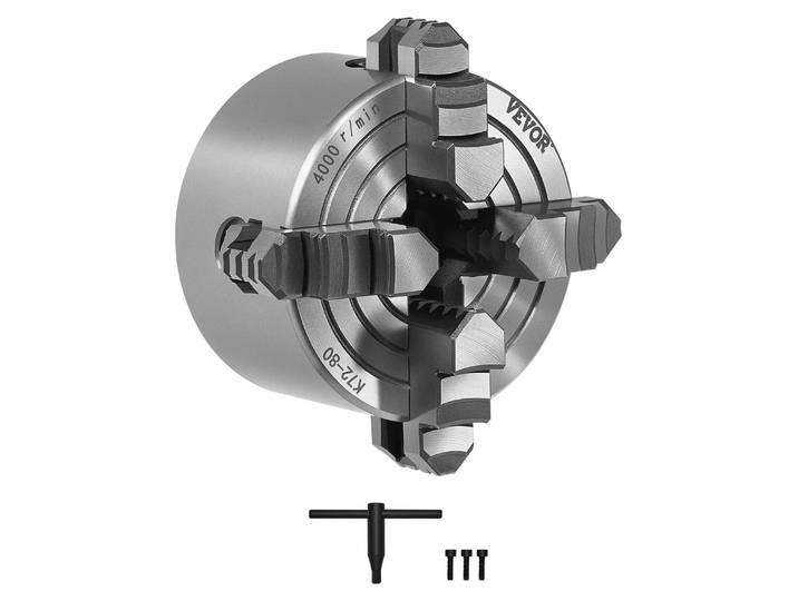 VEVOR Mandrin à 4 mors\, 80 mm\, à centrage automatique\, plage de serrage 5-80 mm avec vis de fixation à clé en T\, mors réversibles\, matériau HT300\, pour tour à bois et à métaux