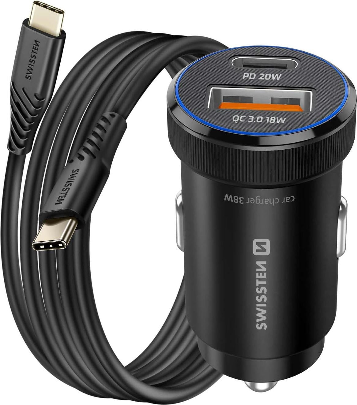 Swissten Autolader met 20W USB-C en USB-A QC3.0 inclusief USB-C kabel, zwart