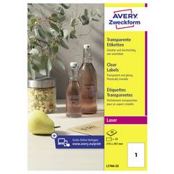 Avery-Zweckform L7784-25 Folien-Etiketten 210 x 297 mm Polyester-Folie Transparent 25 St. Permanent haftend Farblaserdrucker, Laserdrucker, Farbkopierer,
