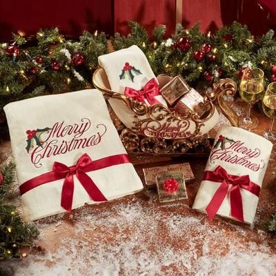 Touch of Class Holiday Ribbon Embroidered Bath Towel Set Light Cream Bath Hand Fingertip, Bath Hand Fingertip, Light Cream