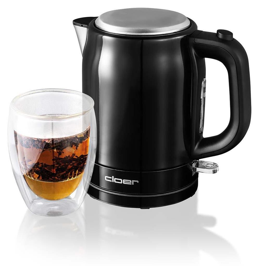Cloer 4510 Waterkoker, 1 liter, 2200 watt, zwart, roestvrij staal, met waterniveau-indicator en oververwarmingsbeveiliging