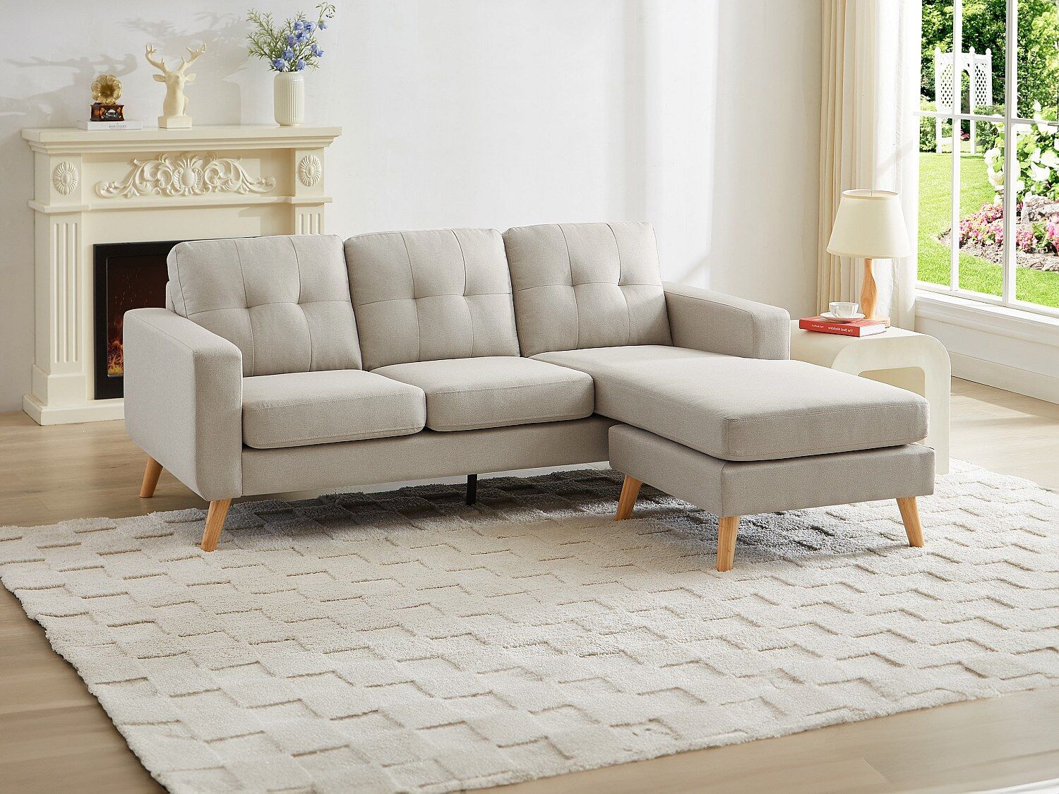 Unique Sofá rinconera reversible de tela beige BARTOLOME
