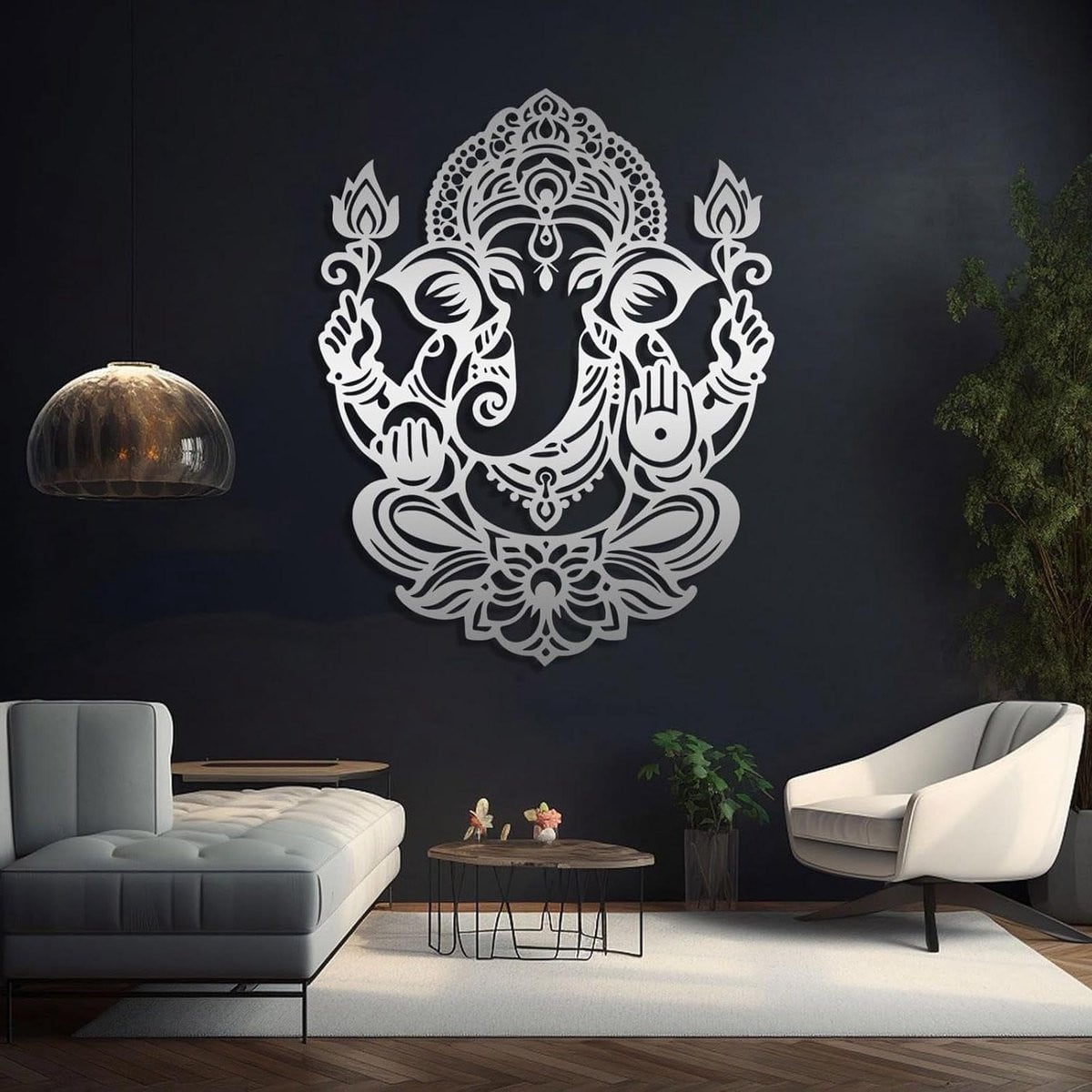 Zilveren Metalen Ganesha Muurkunst Decoratie