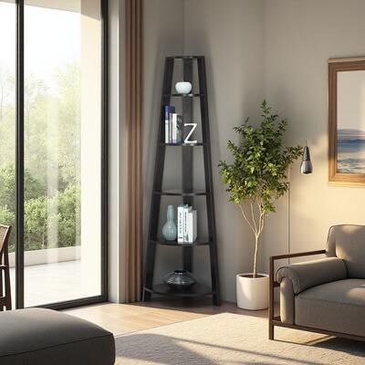 ZWYO HOSIMU 71.25in Laminate 5-Tier Corner Ladder Etagere Bookshelf, Display Rack with Thick Panel Shelves & Contemporary Style