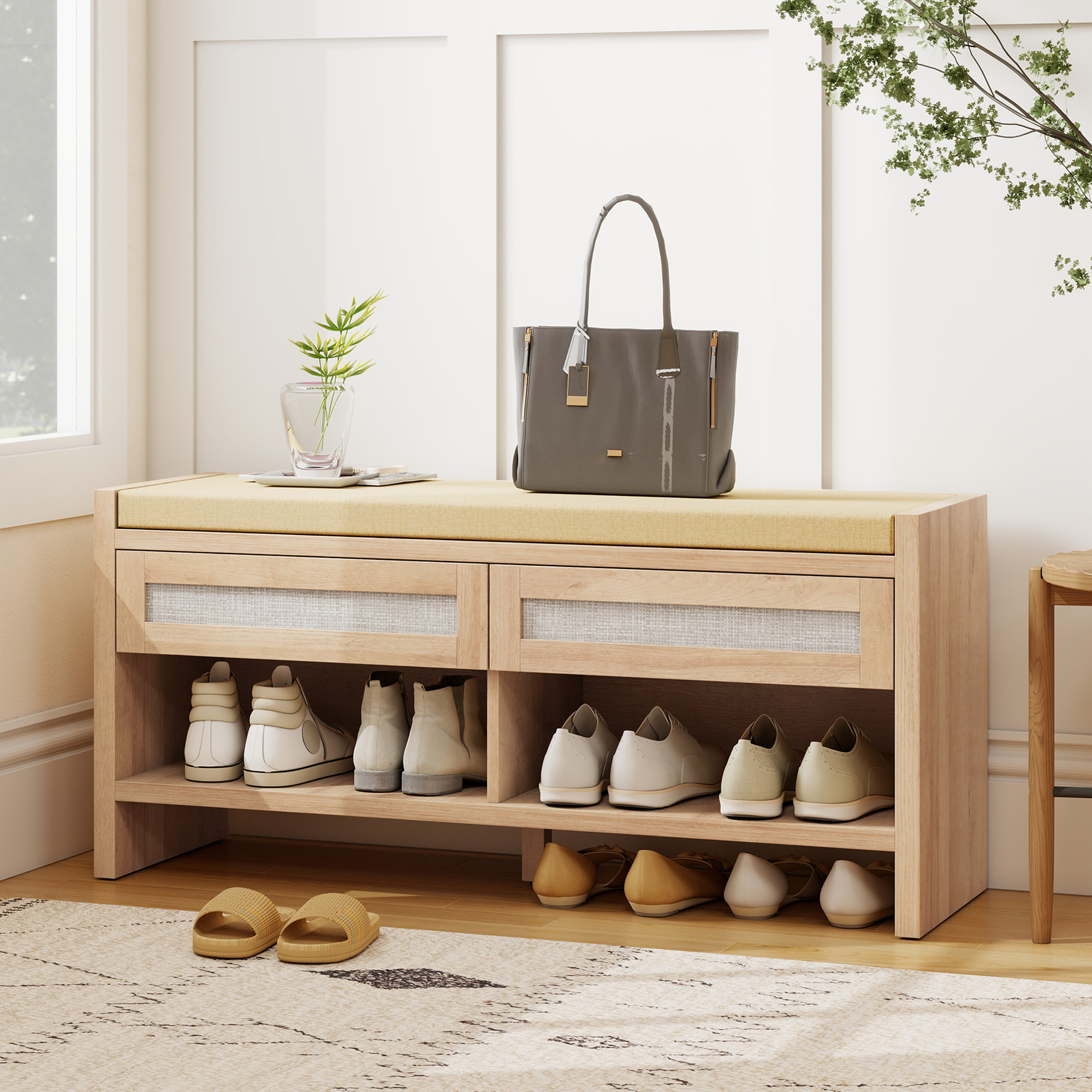 Homcom Panca Porta Scarpe Ingresso con Seduta Imbottita Effetto Lino, 2 Cassetti in Rattan e Ripiano Aperto, Rovere   Aosom Italy