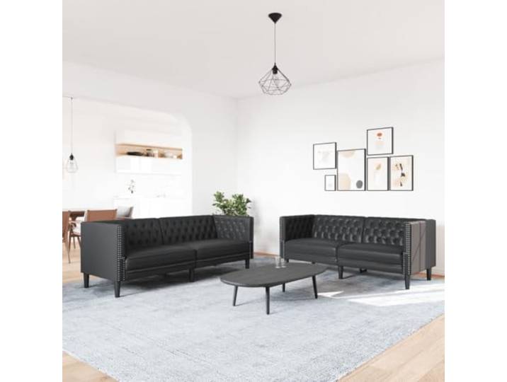 KTHLBRH Chesterfield-Sofa-Set, 2-teilig, schwarz, Kunstleder Schaumstoffpolsterung, einfache Reinigung, robuste Beine, max. Belastung 110 kg