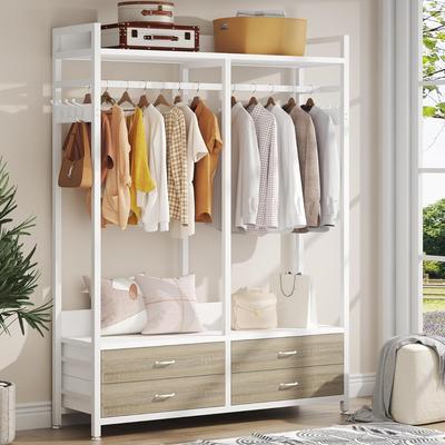 ROSE Freestanding Open Wardrobe Closet, Heavy Duty Garment Rack Closet Organizer, Rustic Brown