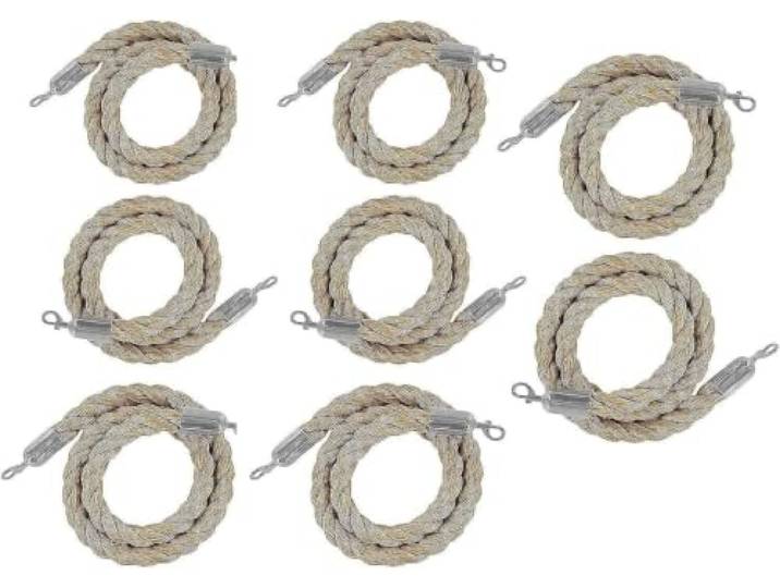 Absperrseil aus Hanf, 32 mm, mit silberfarbenen Haken Geflochtenes 32-mm-Hanfseil mit silberfarbenen Metallhaken, einzeln, für Absperrpfosten und Personenleitsysteme