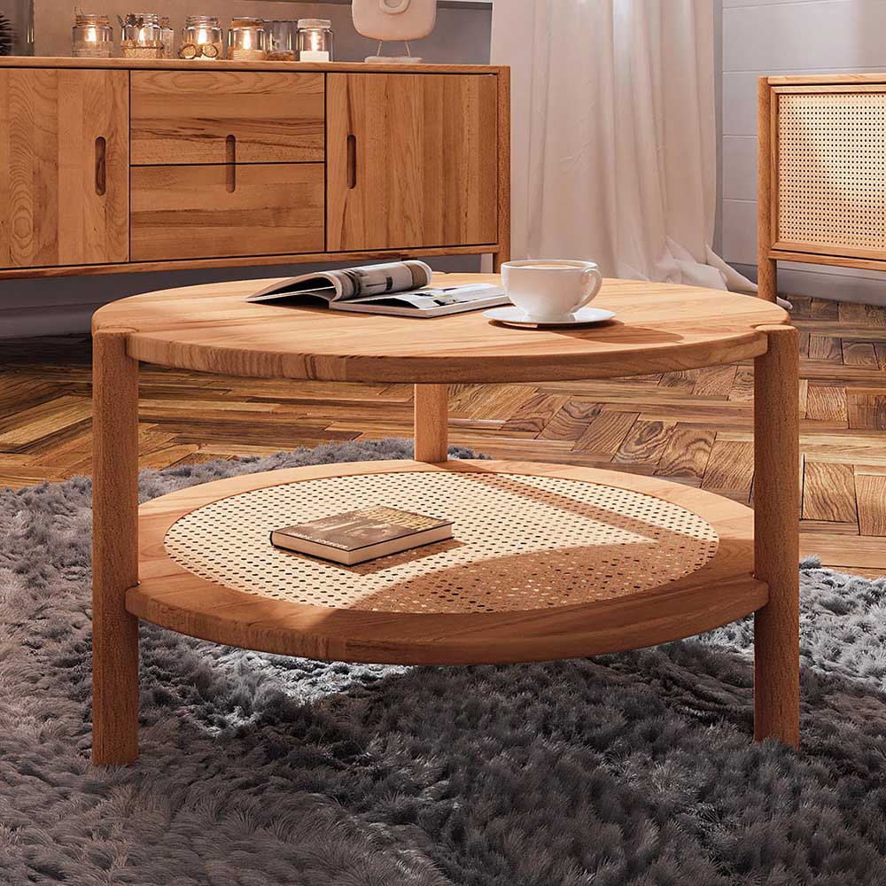 Pharao24.de Moderner Wohnzimmertisch aus Rattan Geflecht Wildbuche Massivholz