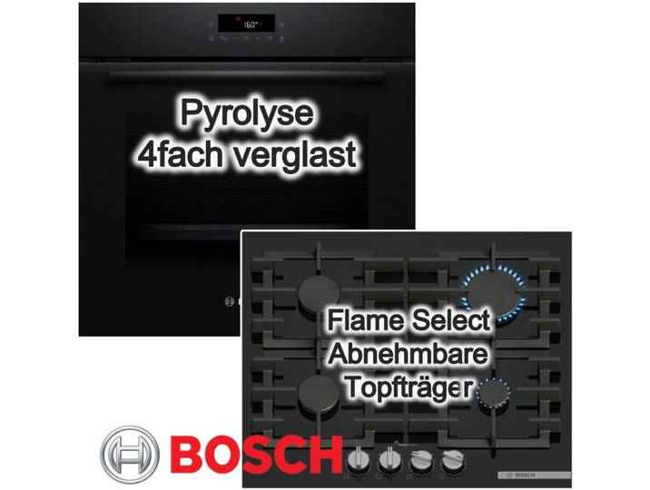 BOSCH Backofen-Set Pyrolyse 3D-Heißluft + Gaskochfeld mit FlameSelect Rahmenlos
