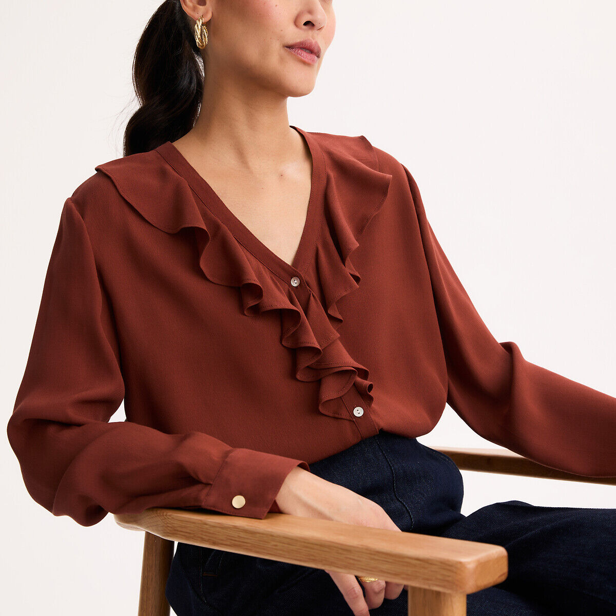 ANNE WEYBURN Blouse col V à volants manches longues