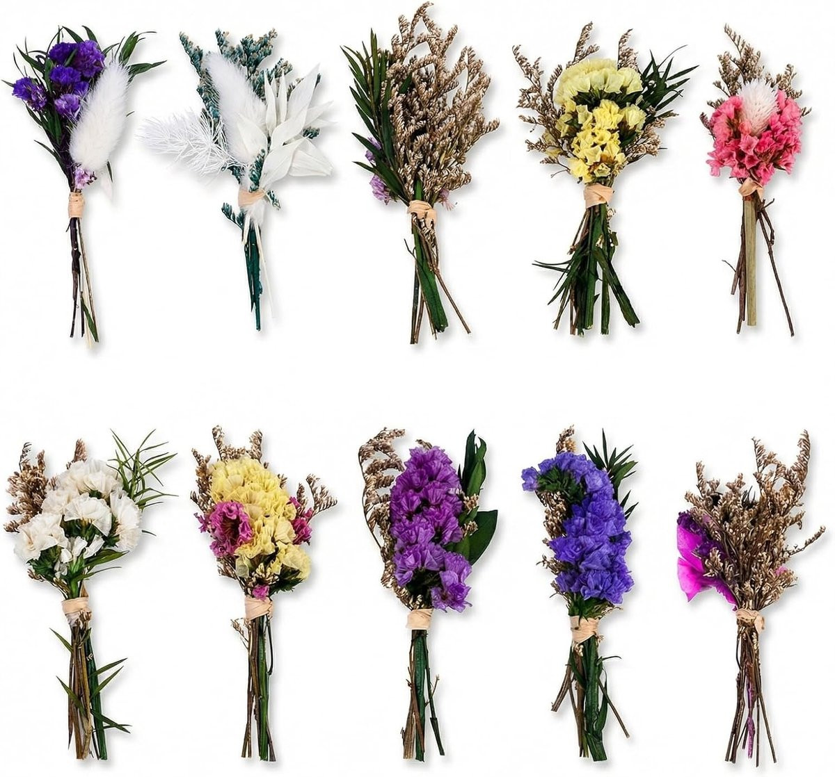 Set van mini boeketten met gedroogde natuurlijke bloemen voor knutselprojecten en decoratie, 8-10 cm