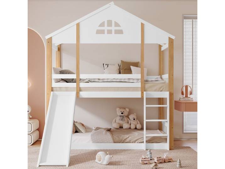 Bunk bed 90x200 cm with distinctive windows & a three-step folding ladder children's bed with slide solid wood bed frame