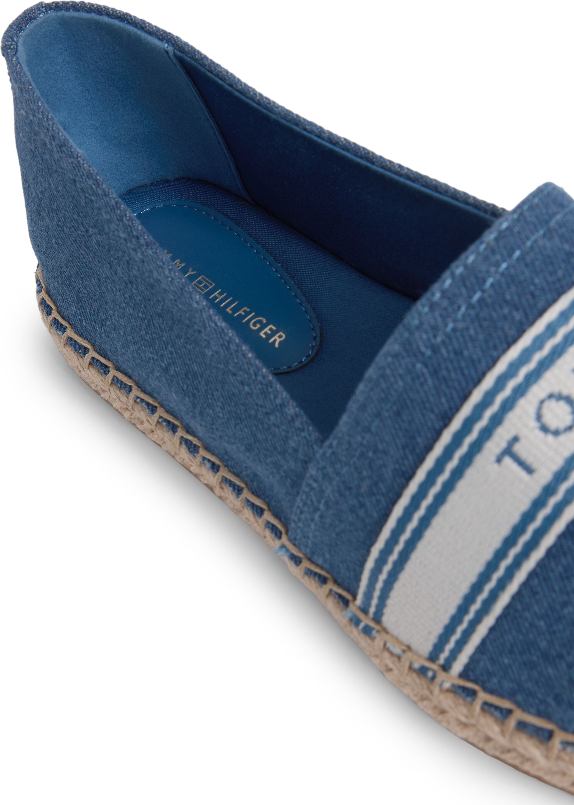 Espadrille TOMMY HILFIGER "HILFIGER WEBBING ESPADRILLE", Damen, Gr. 41, Textil, denim, unifarben mit Farbeinsatz, Schuhe Espadrille, Halbschuh, Schlupfschuh, Sommerschuh mit Logoschriftzug denim 41, Textil