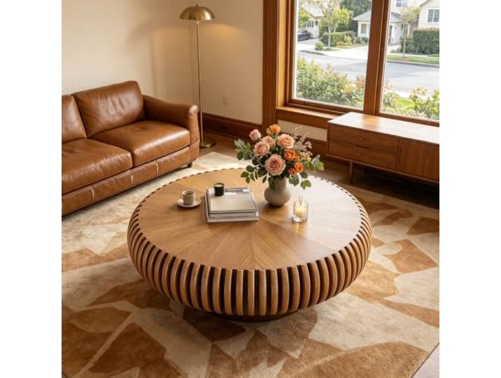 YPDOPORA Runder Geriffelter Couchtisch,Couchtisch aus Holz in Trommelform Runder Couchtisch aus Holz im Mid-Century-Modern-Stil mit stabilem Sockel für kleine Wohnzimmer
