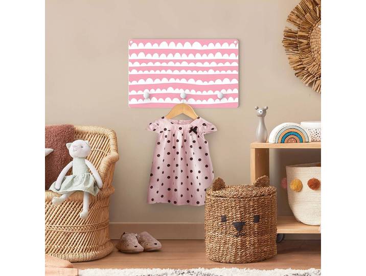 Patère enfants Nuages blancs 40 x 25 x 1cm Rose foncé/Rose