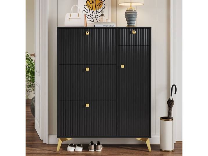 Meuble à Chaussures avec 3 Battants 1 Tiroir et 1 Porte Étagère à Chaussures Armoire à Chaussures étroite Moderne 90x25x121cm Noir