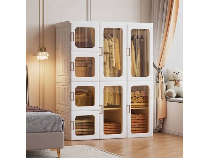 Armoire de chambre - Armoire Pliable Portante - 8 Portes & 2 Penderies -Blanc & Portes Ambrées Transparentes
