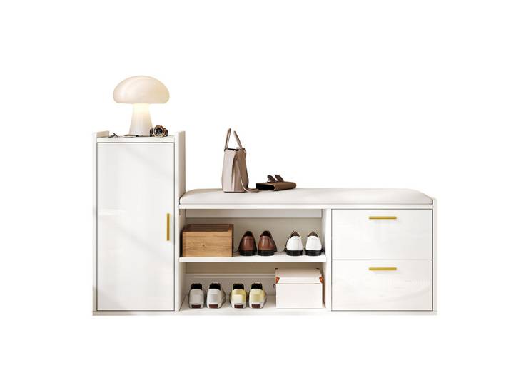 Flieks Schuhschrank Weiß Hochglanz 2 Schubladen 128x30x68cm Sitzbank, 128x68x30 cm, Garderobe, Schuhaufbewahrung, Schuhschränke