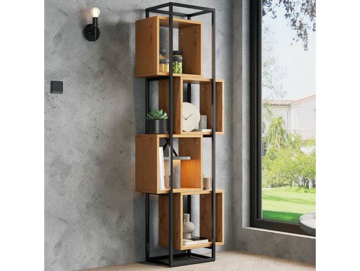 Bibliothèque Ouverte 59x30x180 cm avec 4 Compartiments Étagères Décalées et Cadre Métallique - MDF/Métal - Noir/Marron