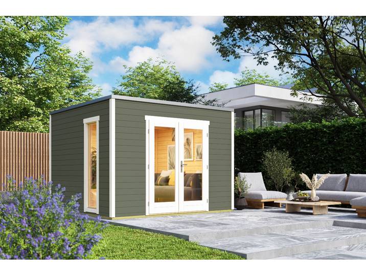 Gartenhaus NORDIC HOLZ Palermo 1 , grün (grüngrau), Fußboden im Gartenhaus, ohne Dacheindeckung, Massivholz, Gartenhäuser, Gartenhaus, mit großen Glasflächen
