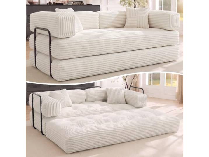 Dyonery Schlafsofa 200cm Breit,5-in-1 Modulares Boneless Couch Beige 3-Sitzer Bodensofa mit Schlaffunktion,Umwandelbares Cordstoff Schlafcouch,Modulares Couch für Wohnzimmer, Büro,Gästezimmer
