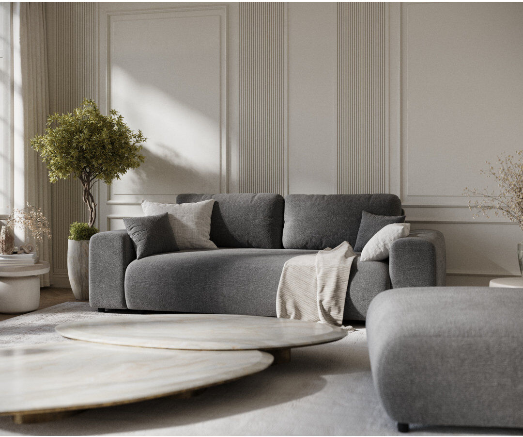 Ebern Designs Three-seater square arm sofa Grey Chenille 79cm H X 213cm W X 108cm D