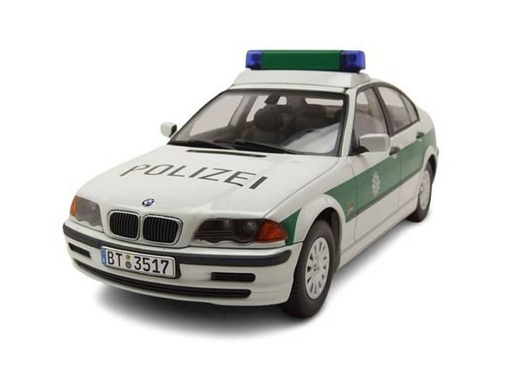 KK Scale Modellauto BMW 3er E46 Limousine Polizei 1999 weiß grün, Maßstab 1:18