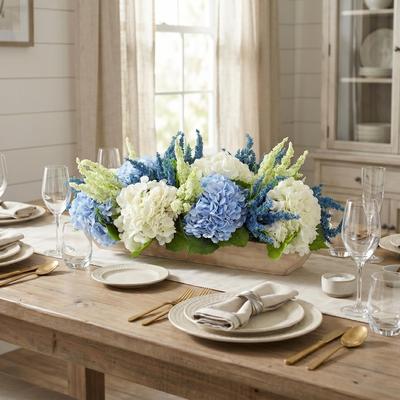Creative Labs Hydrangea and Heather Centerpiece in Wood Planter