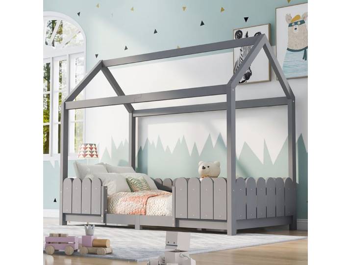Lit enfant - PDZZZD - Lit cabane 90x200cm - Bois massif - Protection contre les chutes - Gris